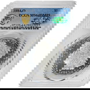 1884-O Morgan Dollar PCGS MS64DMPL CAC Deep Mirror Proof-Like: 1884-O Morgan Dollar PCGS MS64DMPL CAC Deep Mirror Proof-Like This 1884-O $1 Morgan Dollar is a remarkable example of numismatic excellence. Graded MS64DMPL by PCGS and certified by CAC, this uncircul
