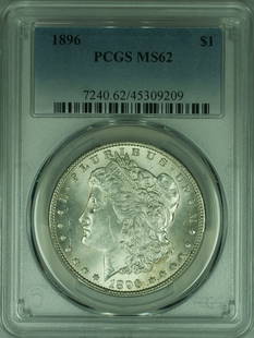 1896 Morgan Silver Dollar Coin PCGS MS 62 Uncirculated Silver: 1896 Morgan Silver Dollar Coin PCGS MS 62 Uncirculated Silver This 1896 Morgan Silver Dollar Coin, graded MS 62 by PCGS, is a remarkable piece of numismatic history. Minted in Philadelphia, this uncir