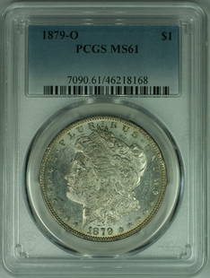 1879-O Morgan Silver Dollar PCGS MS 61 Uncirculated Coin: 1879-O Morgan Silver Dollar PCGS MS 61 Uncirculated Coin This 1879-O Morgan Silver Dollar Coin is an uncirculated piece with a grade of MS 61, certified by PCGS. Minted in New Orleans, this coin boast