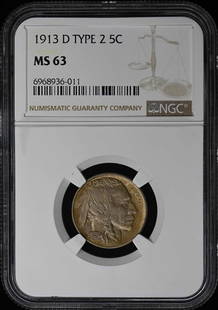 1913-D Buffalo Nickel Type 2 NGC MS63 Uncirculated Coin: 1913-D Buffalo Nickel Type 2 NGC MS63 Uncirculated Coin This 1913-D Buffalo Nickel is graded MS63 by NGC, indicating it is in uncirculated condition. Minted in Denver, this classic coin features the i