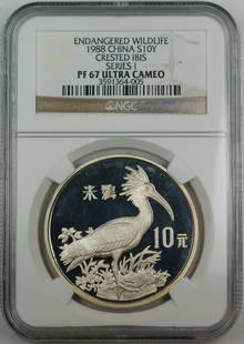 1988 China Silver 10 Yuan NGC PF-67 UC Crested Ibis Coin: 1988 China Silver 10 Yuan NGC PF-67 UC Crested Ibis Coin This striking 1988 China Silver 10 Yuan coin features the Crested Ibis, a symbol of endangered wildlife. Certified by NGC with a grade of PF-67