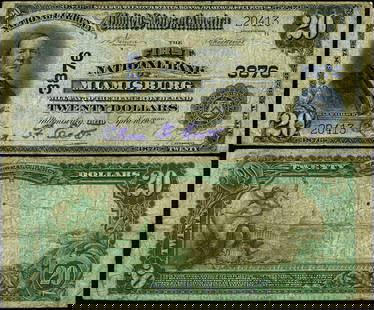 1902 $20 National Bank Note Miamisburg Ohio Charter 3876: 1902 $20 National Bank Note Miamisburg Ohio Charter 3876 This 1902 $20 National Bank Note from Miamisburg, Ohio, is a unique collectible from the First National Bank, designated with charter number 38