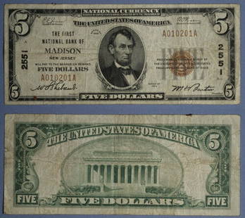 1929 T-1 $5 National Bank Note First NB Madison NJ Fine: 1929 T-1 $5 National Bank Note First NB Madison NJ Fine This is a $5 National Bank Note from 1929, designated as Type T-1, issued by the First National Bank of Madison, NJ. The note is in Fine conditi