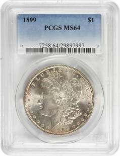 1899 Morgan Silver Dollar MS64 PCGS Uncirculated 90% Silver: 1899 Morgan Silver Dollar MS64 PCGS Uncirculated 90% Silver This 1899 Morgan Silver Dollar, graded MS64 by PCGS, is a remarkable collector's piece. Struck in Philadelphia, this coin features a composi