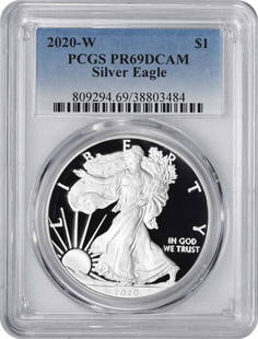2020-W American Silver Eagle Proof PR69DCAM PCGS 1 oz Silver: 2020-W American Silver Eagle Proof PR69DCAM PCGS 1 oz Silver This 2020-W $1 American Silver Eagle is a stunning proof coin graded PR69DCAM by PCGS, showcasing exceptional quality and detail. With a pr