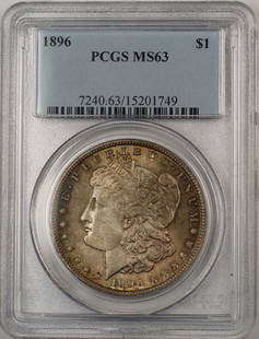 1896 Morgan Silver Dollar PCGS MS 63 Toned Coin Uncirculated: 1896 Morgan Silver Dollar PCGS MS 63 Toned Coin Uncirculated This 1896 Morgan Silver Dollar is a remarkable collectible coin, certified by PCGS with a grade of MS 63. It features an uncirculated condi