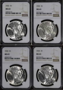 Set of 4 Uncirculated MS63 NGC Peace Silver Dollars 1922-1925: Set of 4 Uncirculated MS63 NGC Peace Silver Dollars 1922-1925 This lot features four uncirculated Peace Silver Dollars, each graded MS63 by NGC. The set includes coins from the years 1922-P, 1923, 192