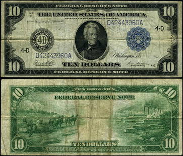 1914 $10 Federal Reserve Note Cleveland Fine+ Uncertified: 1914 $10 Federal Reserve Note Cleveland Fine+ Uncertified This $10 Federal Reserve Note from 1914 features the Cleveland district and is categorized as Fine+. It has been circulated and is uncertified