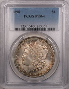 1898 Morgan Silver Dollar PCGS MS 64 Toned Coin Philadelphia: 1898 Morgan Silver Dollar PCGS MS 64 Toned Coin Philadelphia This 1898 Morgan Silver Dollar is a stunning piece, certified by PCGS and graded MS 64. It features a beautiful toning that enhances its ap
