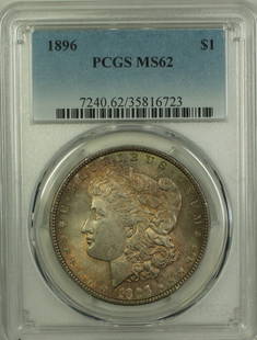 1896 Morgan Silver Dollar PCGS MS 62 Toned Uncirculated Philadelphia: 1896 Morgan Silver Dollar PCGS MS 62 Toned Uncirculated Philadelphia This 1896 Morgan Silver Dollar showcases exquisite toning and is graded MS 62 by PCGS, indicating its uncirculated condition. Minte