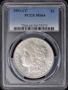 1891-CC Morgan Dollar PCGS MS64 Uncirculated Coin: 1891-CC Morgan Dollar PCGS MS64 Uncirculated Coin This is an 1891-CC Morgan Dollar, certified by PCGS with a grade of MS64, indicating its uncirculated condition. This coin was minted in Carson City a