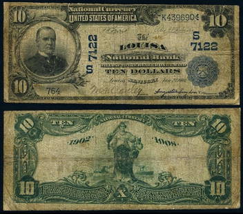 1902 $10 National Bank Note Louisa KY Ch #7122 Circulated: 1902 $10 National Bank Note Louisa KY Ch #7122 Circulated This $10 National Bank Note from Louisa, KY, was issued in 1902 and is designated as Ch #7122. The note is in good condition and is classified