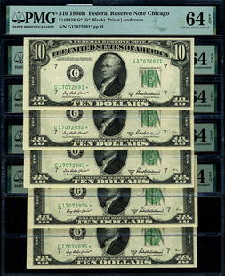 1950-B $10 Federal Reserve Note Chicago G-* PMG CU64 EP: 1950-B $10 Federal Reserve Note Chicago G-* PMG CU64 EP This is a $10 Federal Reserve Note from the 1950-B series, featuring a Choice Uncirculated grade of CU64 EP certified by PMG. The note is part o