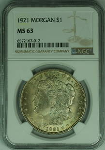1921 Morgan Silver Dollar NGC MS 63 Uncirculated with Toning: 1921 Morgan Silver Dollar NGC MS 63 Uncirculated with Toning This 1921 Morgan Silver Dollar is an uncirculated coin that has been certified by NGC with a grade of MS 63. Minted in Philadelphia, this $