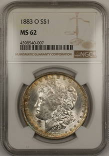 1883-O Morgan Silver Dollar NGC MS62 Uncirculated Toned Coin: 1883-O Morgan Silver Dollar NGC MS62 Uncirculated Toned Coin This stunning 1883-O Morgan Silver Dollar features a high-grade MS 62 certification from NGC, making it an excellent choice for collectors.
