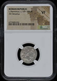 L. Memmius 109-108 BC Roman Republic Denarius NGC VF20: L. Memmius 109-108 BC Roman Republic Denarius NGC VF20 This ancient Roman denarius, minted during the Roman Republic, dates back to 109-108 BC and features the notable L. Memmius. Certified by NGC wit