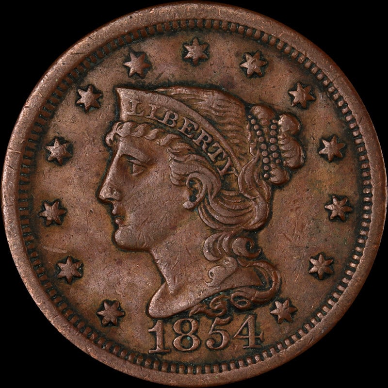 1854 Large Cent Copper Coin Uncertified Circulated History: 1854 Large Cent Copper Coin Uncertified Circulated History This 1854 Large Cent is a captivating piece of American numismatic history. Crafted from copper, this coin has been circulated, showing signs