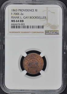 1863 Frank Gay Civil War Token NGC MS64RB Uncirculated: 1863 Frank Gay Civil War Token NGC MS64RB Uncirculated This 1863 Providence Civil War Token features the merchant Frank Gay and is graded MS64RB by NGC, indicating it is in uncirculated condition. Thi