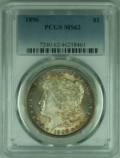 1896 Morgan Silver Dollar PCGS MS-62 Uncirculated Silver Coin with Toning: 1896 Morgan Silver Dollar PCGS MS-62 Uncirculated Silver Coin with Toning This 1896 Morgan Silver Dollar is a stunning representation of American numismatic history. Graded MS-62 by PCGS, this uncircu