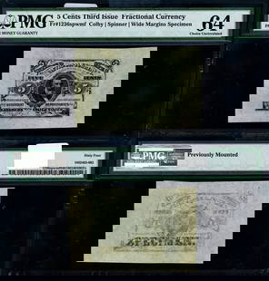 FR 1236 SP 5c 3rd Issue Fractional Note PMG CU64 Wide Margin: FR 1236 SP 5c 3rd Issue Fractional Note PMG CU64 Wide Margin This is a beautifully preserved FR. 1236 SP 5 c. 3rd Issue Fractional Note, graded CU64 by PMG, indicating a choice uncirculated condition.