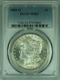 1883-O Morgan Silver Dollar Coin PCGS MS62 Uncirculated Silver: 1883-O Morgan Silver Dollar Coin PCGS MS62 Uncirculated Silver This 1883-O Morgan Silver Dollar Coin is a stunning piece of numismatic history. Struck in 1883 at the New Orleans Mint, this coin exhibi