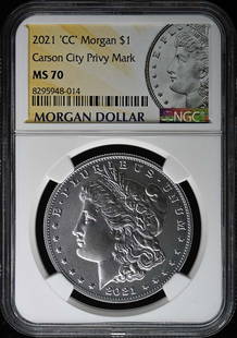 2021 Morgan Dollar CC Privy Mark NGC MS70 Certified Coin: 2021 Morgan Dollar CC Privy Mark NGC MS70 Certified Coin This 2021 'CC' Morgan silver dollar features the prestigious Carson City Privy Mark, certified by NGC with an impressive grade of MS70. This co