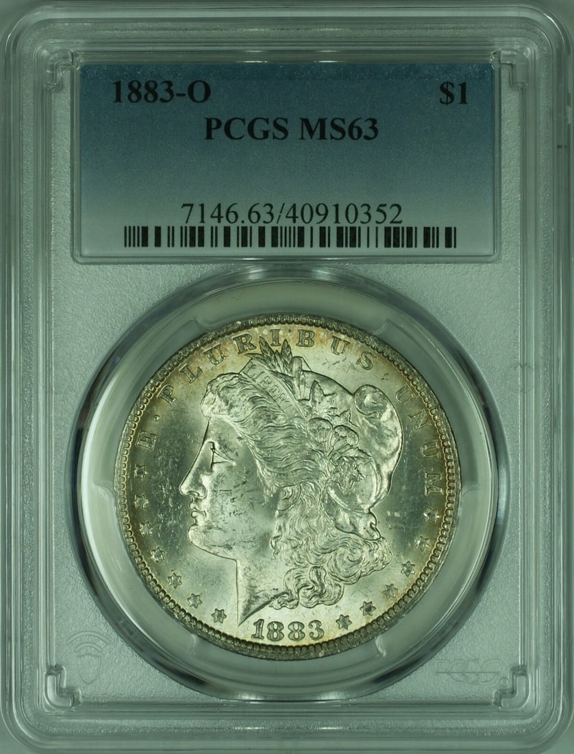 1883-O Morgan Silver Dollar $1 PCGS MS 63 Uncirculated: 1883-O Morgan Silver Dollar $1 PCGS MS 63 Uncirculated This stunning 1883-O Morgan Silver Dollar features a rich history with its mint location in New Orleans. Certified by PCGS with a grade of MS 63,