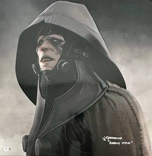 Christian Alzmann Signed 20x20 Kylo Ren Concept Art Beckett Authenticated: Christian Alzmann Signed 20x20 Kylo Ren Concept Art Beckett Authenticated This captivating 20x20 metallic finish photograph features the iconic Kylo Ren concept art, signed in silver paint pen marker