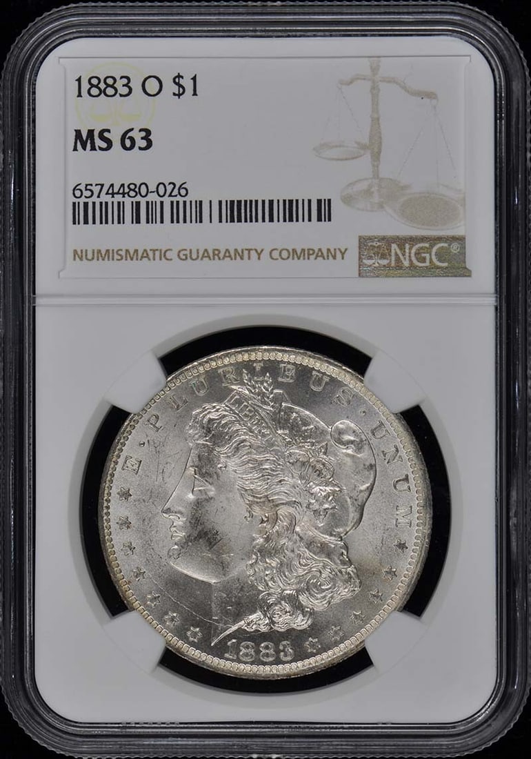1883-O Morgan Dollar NGC MS63 Uncirculated New Orleans: 1883-O Morgan Dollar NGC MS63 Uncirculated New Orleans This 1883-O Morgan Dollar showcases a brilliant uncirculated condition, graded at MS63 by NGC. Minted in New Orleans, this iconic coin is a prize