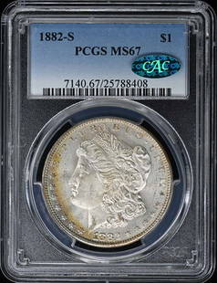 1882-S Morgan Dollar PCGS MS67 CAC Uncirculated Coin: 1882-S Morgan Dollar PCGS MS67 CAC Uncirculated Coin This 1882-S $1 Morgan Dollar is a stunning example, certified by PCGS with a grade of MS67. It is part of the prestigious CAC designation, ensuring