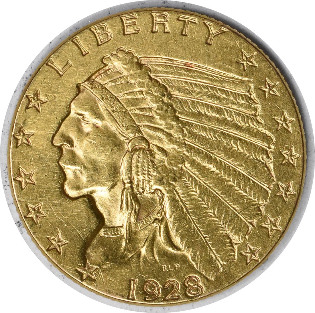 1928 $2.50 Gold Indian Coin by Bela Lyon Pratt AU Uncertified: 1928 $2.50 Gold Indian Coin by Bela Lyon Pratt AU Uncertified This 1928 $2.50 Gold Indian coin features the stunning design by Bela Lyon Pratt and is made of 90% gold and 10% copper, resulting in a co