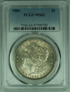 1886 Morgan Silver Dollar PCGS MS 63 Toned Coin: 1886 Morgan Silver Dollar PCGS MS 63 Toned Coin This 1886 Morgan Silver Dollar is a stunning collectible coin, graded MS 63 by PCGS, ensuring its quality and authenticity. With its beautiful toning, t
