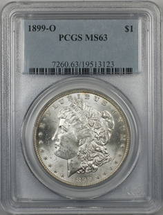 1899-O Morgan Silver Dollar PCGS MS-63 Uncirculated Coin: 1899-O Morgan Silver Dollar PCGS MS-63 Uncirculated Coin This 1899-O Morgan Silver Dollar is a stunning uncirculated coin, certified by PCGS with a grade of MS 63. Minted in New Orleans, this coin sho