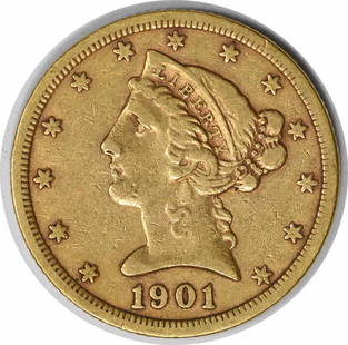 1901-S Gold Liberty Head $5 Coin Christian Gobrecht Uncertified: 1901-S Gold Liberty Head $5 Coin Christian Gobrecht Uncertified This 1901-S $5 Gold Liberty Head coin features exquisite craftsmanship and historical significance. The coin, designed by Christian Gobr