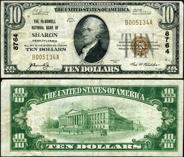 1929 T-1 $10 National Bank Note Sharon PA McDowell NB #8764: 1929 T-1 $10 National Bank Note Sharon PA McDowell NB #8764 This $10 National Bank Note from 1929, designated as T-1, is a collectible piece of American currency. It features a grade of VF (Very Fine)
