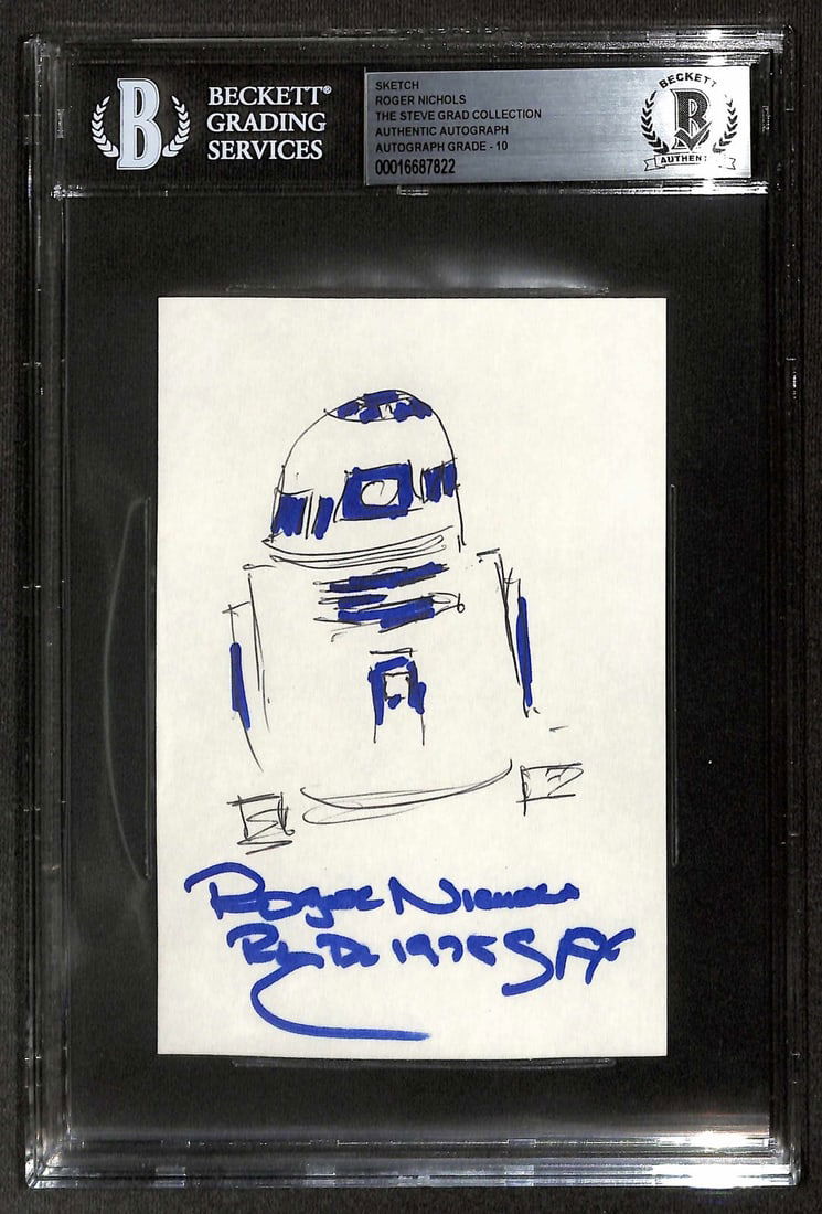 Roger Nichols Signed Star Wars R2-D2 Sketch 3x5 Index Card Beckett Authenticated: Roger Nichols Signed Star Wars R2-D2 Sketch 3x5 Index Card Beckett Authenticated This is an original autographed 3x5 index card featuring a hand sketch by Roger Nichols, the renowned Special Effects e