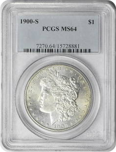 1900-S Morgan Silver Dollar MS64 PCGS Uncirculated Coin: 1900-S Morgan Silver Dollar MS64 PCGS Uncirculated Coin This 1900-S Morgan Silver Dollar is a stunning piece for collectors, certified by PCGS with a grade of MS64. Struck in San Francisco, this coin