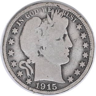 1915 Barber Half Dollar 90% Silver G Grade Coin Philadelphia Mint: 1915 Barber Half Dollar 90% Silver G Grade Coin Philadelphia Mint This 1915 Barber Silver Half Dollar features a grade of Good (G) and is a circulated piece from the Philadelphia mint. The coin, desig
