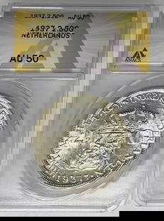 1937 Netherlands 2.50 Gulden Coin ANACS AU 50 Silver Currency: 1937 Netherlands 2.50 Gulden Coin ANACS AU 50 Silver Currency This 1937 Netherlands 2.50 Gulden Coin features a denomination of 50 Gulden and is composed of silver. It has been graded as AU 50 by ANAC