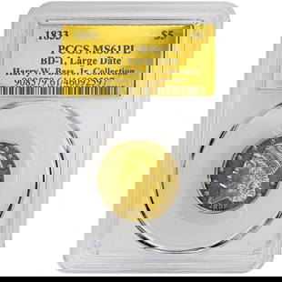 1833 $5 Capped Bust Gold Coin PCGS MS61PL Rare Proof-Like: 1833 $5 Capped Bust Gold Coin PCGS MS61PL Rare Proof-Like This extraordinary 1833 $5 Large Date Capped Bust coin is certified by PCGS with a grade of MS61PL, making it a standout addition to any colle