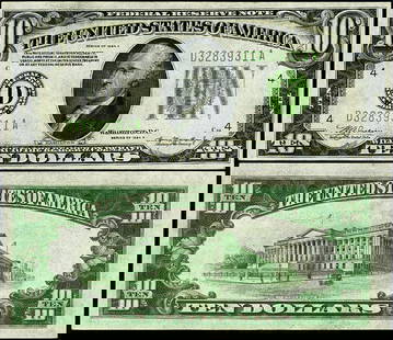 1934-A $10 Federal Reserve Note Mule Cleveland D-A Block AU+: 1934-A $10 Federal Reserve Note Mule Cleveland D-A Block AU+ This 1934-A Federal Reserve Note features a denomination of $10 and is categorized as a mule note from the Cleveland D-A Block. It is grade