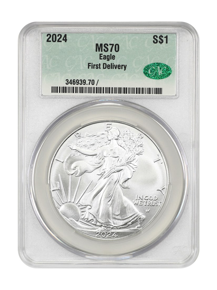 2024 $1 Silver Eagle MS70 CACG Uncirculated Coin: 2024 $1 Silver Eagle MS70 CACG Uncirculated Coin This 2024 $1 Silver Eagle is certified by CACG with a grade of MS70, indicating its pristine uncirculated condition. It showcases exceptional quality w