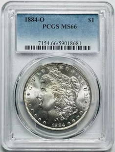 1884 O Morgan Silver Dollar PCGS MS 66 Uncirculated: 1884 O Morgan Silver Dollar PCGS MS 66 Uncirculated This stunning 1884 O Morgan Silver Dollar is certified by PCGS and boasts a remarkable grade of MS 66, indicating its uncirculated condition. Struck
