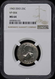 1943 Washington Quarter NGC MS64 Uncirculated VP-004 Coin: 1943 Washington Quarter NGC MS64 Uncirculated VP-004 Coin This 1943 Washington Quarter is a distinguished example graded MS64 by NGC, indicating its uncirculated condition. Struck at the Philadelphia