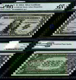 1935-A $1 Silver Certificate K-C Block PMG CU65 EPQ Gem: 1935-A $1 Silver Certificate K-C Block PMG CU65 EPQ Gem This $1 Silver Certificate from the year 1935-A is a remarkable example of currency history. Graded as CU65 EPQ by PMG, this uncirculated note s