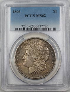 1896 Morgan Silver Dollar PCGS MS-62 Toned Uncirculated Coin: 1896 Morgan Silver Dollar PCGS MS-62 Toned Uncirculated Coin This 1896 Morgan Silver Dollar is graded MS-62 by PCGS, ensuring its excellent condition as an uncirculated coin. Struck at the Philadelphi