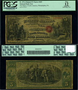 1865 $5 National Bank Note Philadelphia Bank of North America PCGS Fine 12: 1865 $5 National Bank Note Philadelphia Bank of North America PCGS Fine 12 This $5 National Bank Note from 1865 issued by the Bank of North America in Philadelphia, Pennsylvania, is a remarkable piece