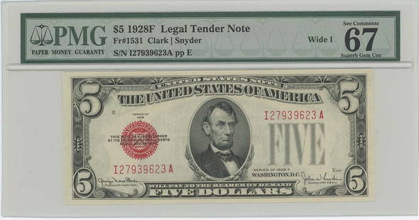 1928 $5 Legal Tender Note FR#1531 PMG 67 Superb Gem EPQ: 1928 $5 Legal Tender Note FR#1531 PMG 67 Superb Gem EPQ This 1928 $5 Legal Tender Note, designated FR#1531, is graded as PMG 67 Superb Gem EPQ. It is an uncirculated bill, showcasing exceptional quali