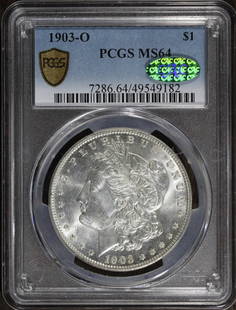 1903-O Morgan Silver Dollar MS64 CAC New Orleans Key Date Coin: 1903-O Morgan Silver Dollar MS64 CAC New Orleans Key Date Coin This 1903-O Morgan Silver Dollar is a key date coin, featuring an uncirculated condition graded at MS 64 by PCGS, with additional certifi