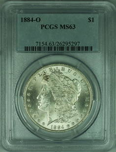 1884-O Morgan Silver Dollar Coin PCGS MS63 Uncirculated: 1884-O Morgan Silver Dollar Coin PCGS MS63 Uncirculated This 1884-O Morgan Silver Dollar Coin is a stunning example of uncirculated condition, showcasing the classic design of the Morgan series. Struc